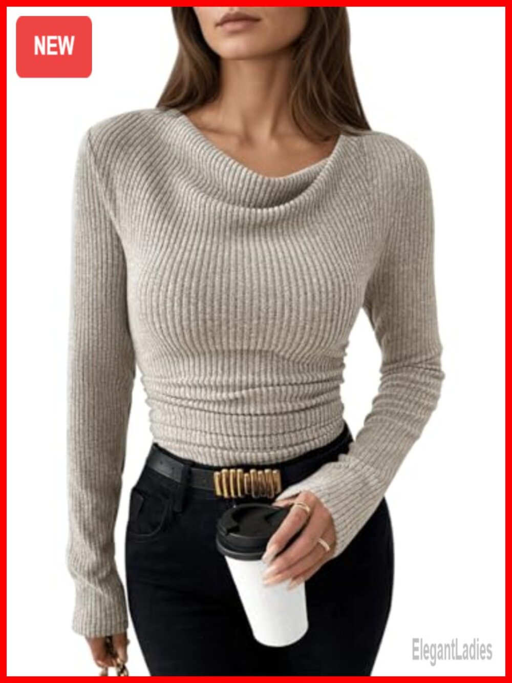Women's Cowl Neck Ruched Long Sleeve Top Slim Fit Blouse